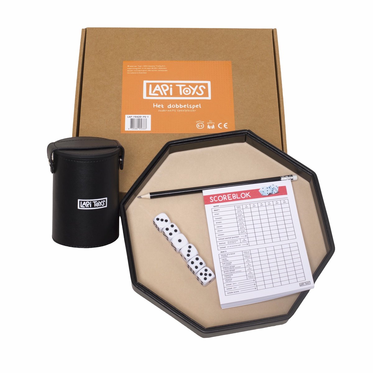 Lapi Toys - Dobbelspel - Yahtzee - Yatzee - Dobbel - Dobbelbord - Gezelschapsspel - Dobbelpiste - Dobbelsteenbak - Dobbelbeker - Rolling tray - Met dobbelstenen set, scoreblok, dobbelbak, dice cup en potloden - Reisspel - Beige