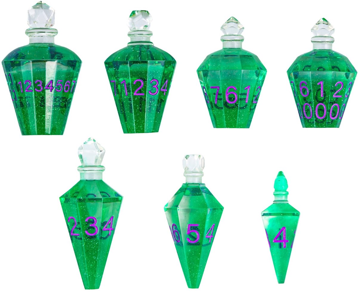 Lapi Toys - Dungeons and Dragons dobbelstenen - D&D dobbelstenen - D&D polydice - 1 set (7 stuks) - Potion dice - Drankflesjes - Resin - Groen