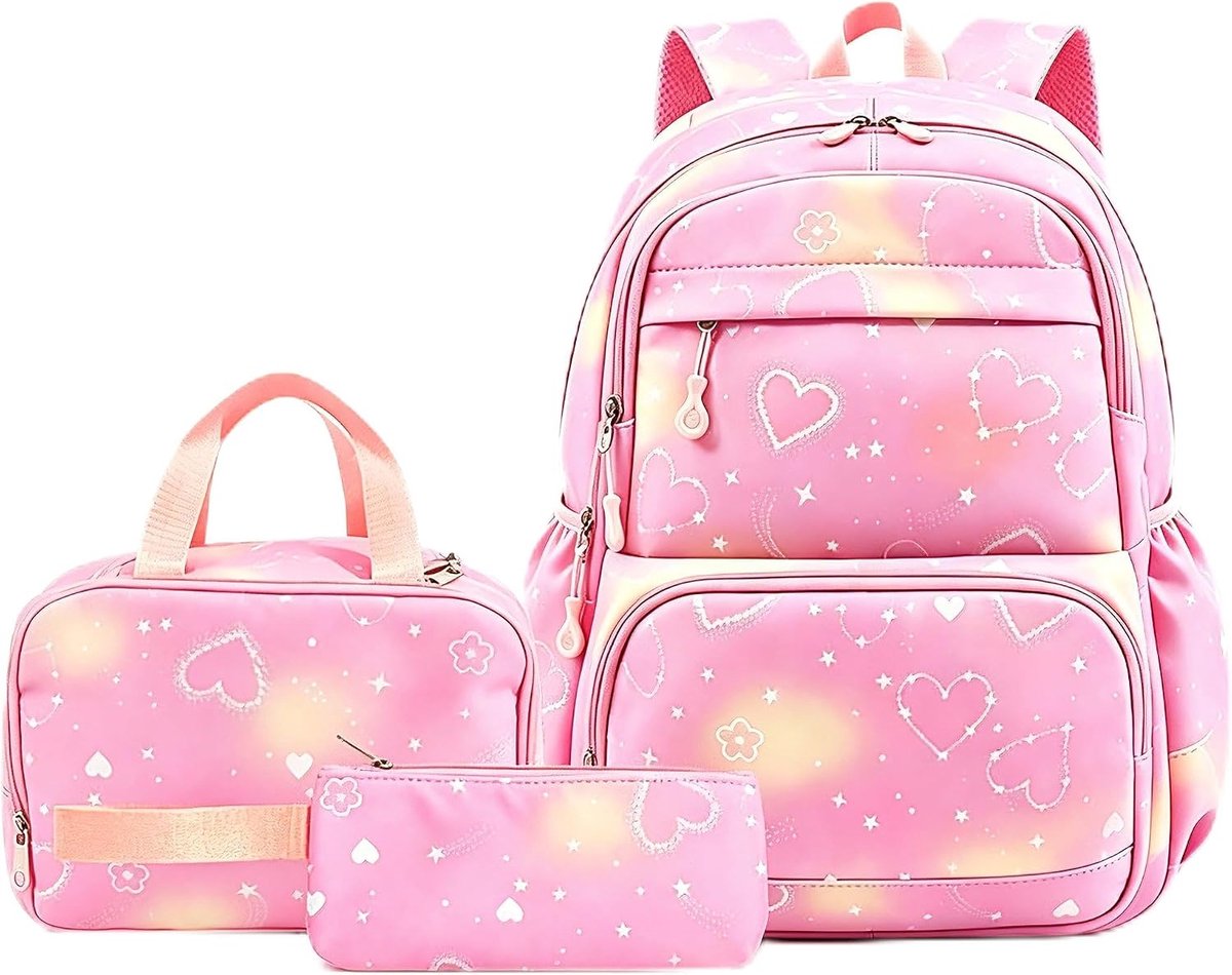 Bobypet - 3-in-1 Rugzak Set met Hartjesprint - Grote Schooltas met Geïsoleerde Koeltas & Etui - Lichte Nylon Reistas voor Meisjes & Dames - Ergonomische Casual Rugtas voor School, Studie, Picknick & Reizen - Roze