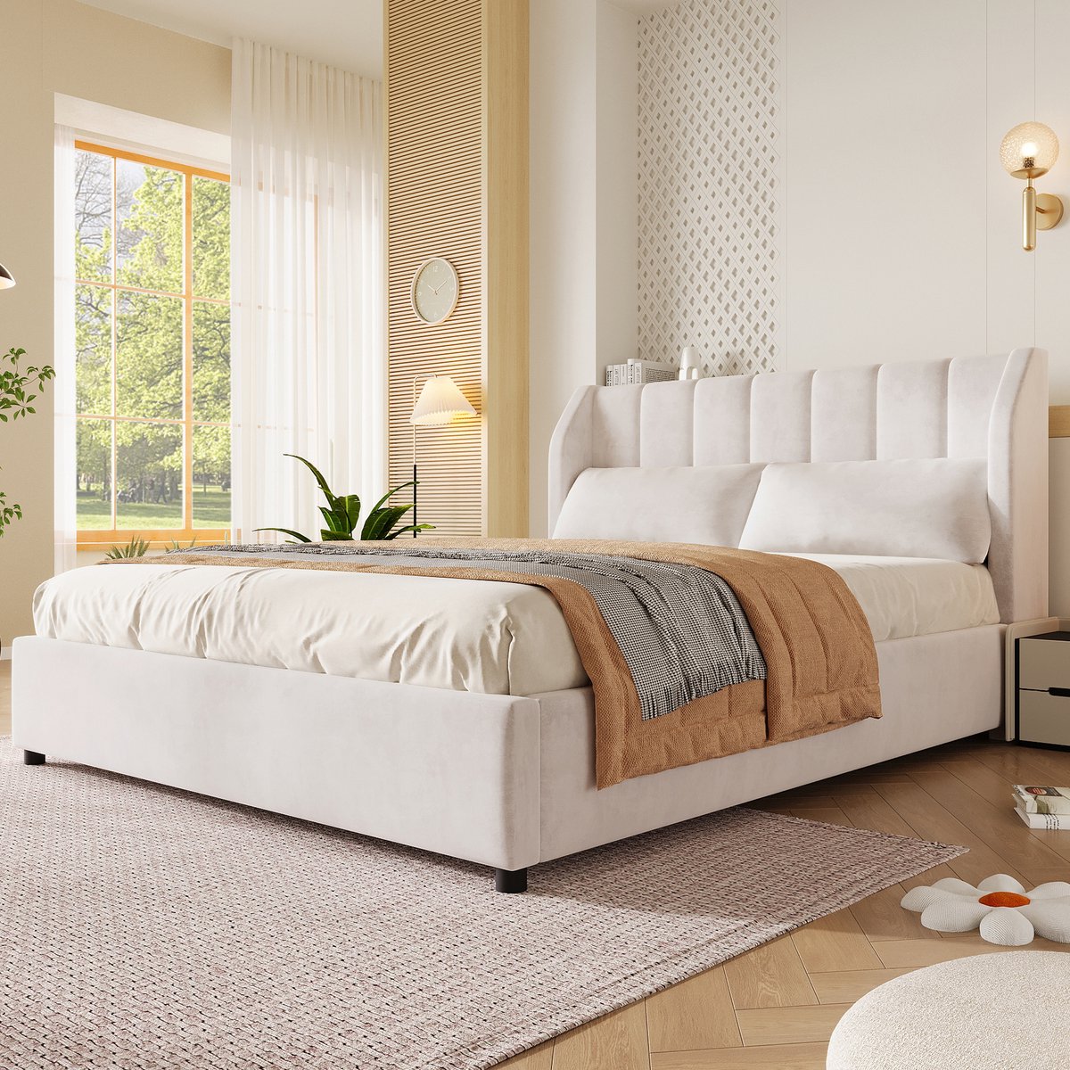 Bedframe 140 x 200 cm - Met lattenbodem - Met hoofdbord - Fluweel - Beige