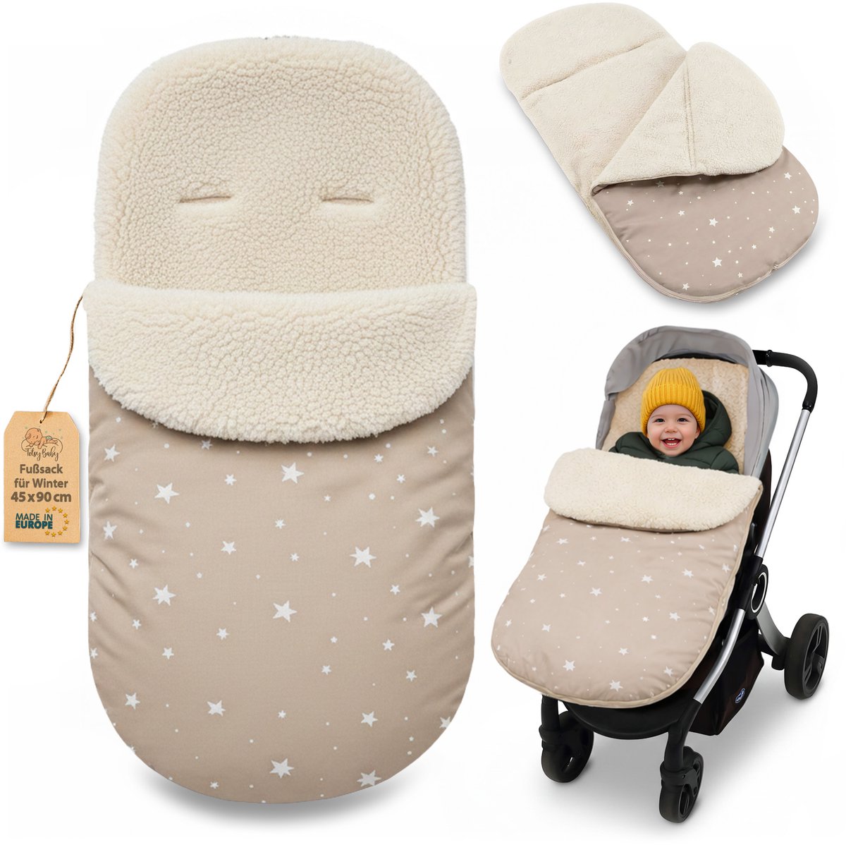Voetenzak Kinderwagen en Buggy voor de Winter 90x45 cm - Winter Voetenzak Warme Inleg Omslagdeken Baby Accessoire warm Boucle Oeko-Tex certificaat Beige met witte sterren