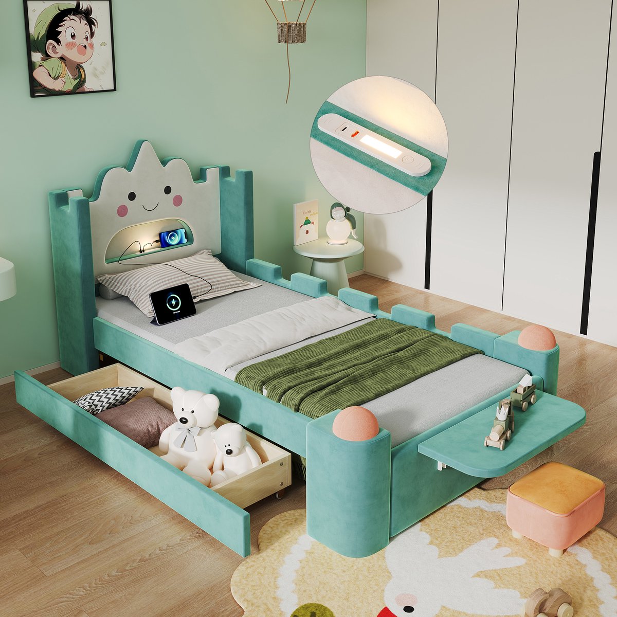 Gestoffeerd bed 90 x 200 cm - Met opbergruimte - Met veiligheidsrail - LED-verlichting - USB-aansluiting - Blauw/Groen