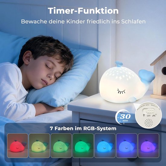 Walvis nachtlampje voor kinderen, siliconen, dimbaar, RGB, aanraakbaar, oplaadbaar, decoratieve ledlamp voor kinderkamer, cadeau voor meisjes en jongens, kerstcadeau [Energieklasse A] — afbeelding 5