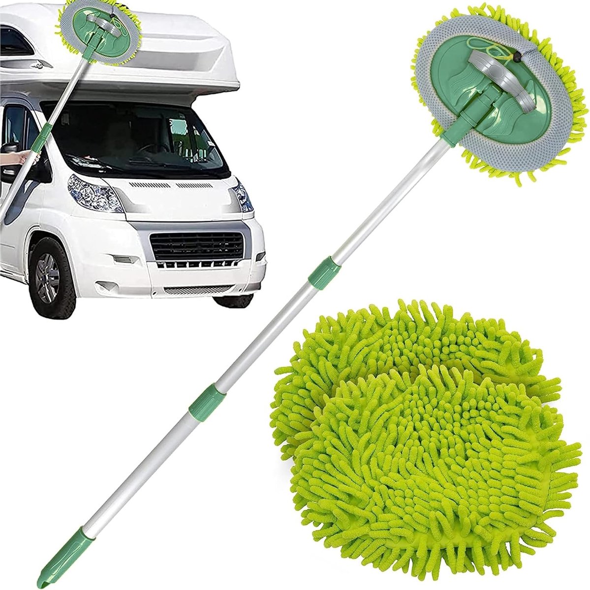 SnelShoppen - TANNESS Caravan Car Wash Mop Kit - Krasvrije Microvezel Mop & Handschoen voor Auto's, Uitschuifbare Lange Handgreep, 2 Lintvrije Mopkopp