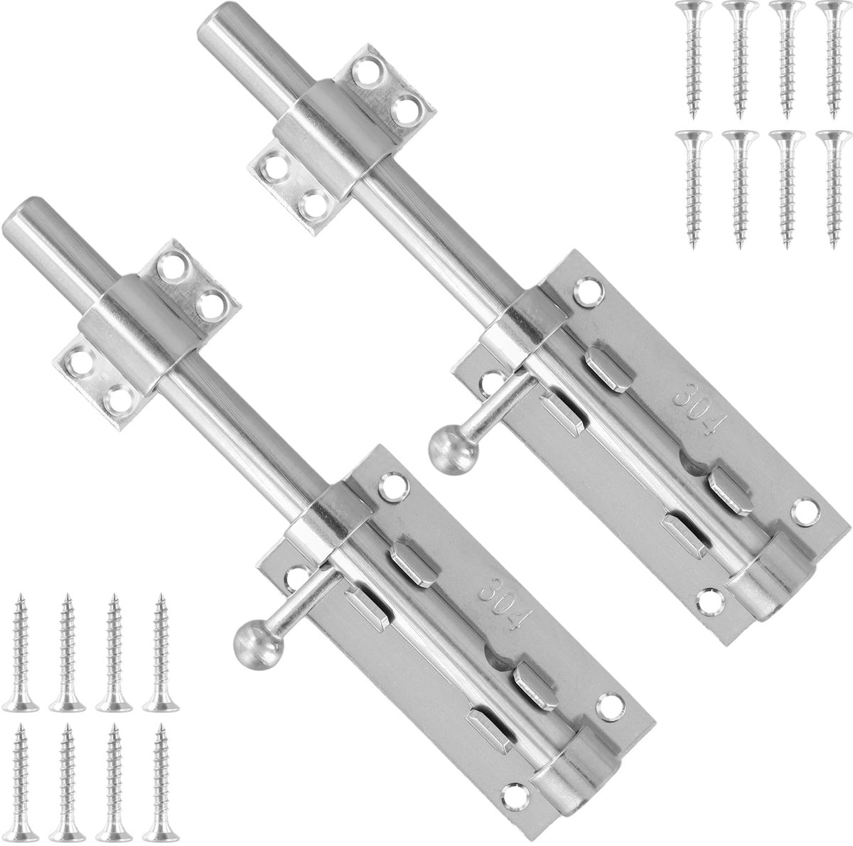 Deurgrendels van roestvrij staal, 8 inch zilveren deurgrendel, afsluitbaar met schroeven, 9,6 x 4,3 cm, schuifstrip, montageplaten, boutengrendel voor tuinpoorten en buitendeuren