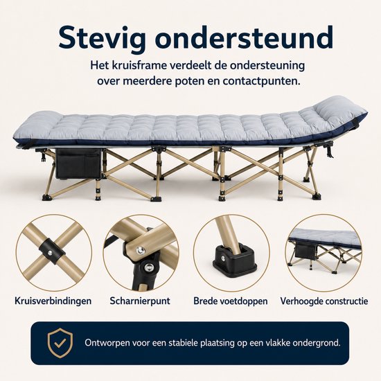 DreamGoods Veldbed met Matras - Opvouwbaar Campingbed - Inklapbaar Logeerbed Volwassenen - 190x80 cm - Duty Stretcher - Verstelbare Rugleuning - Kamperen - Veldbed 2 personen - Veldbed XXL — afbeelding 3