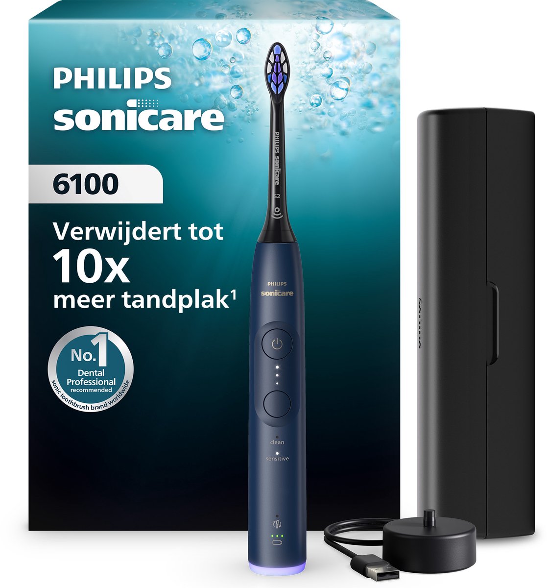 Philips Sonicare 6100 Series Elektrische Tandenborstel – Extra Zacht voor Gevoelige Tanden, S2 Sensitive Opzetborstel, Druksensor, Travel Case, Tot 21 Dagen Batterijduur – HX7403/08