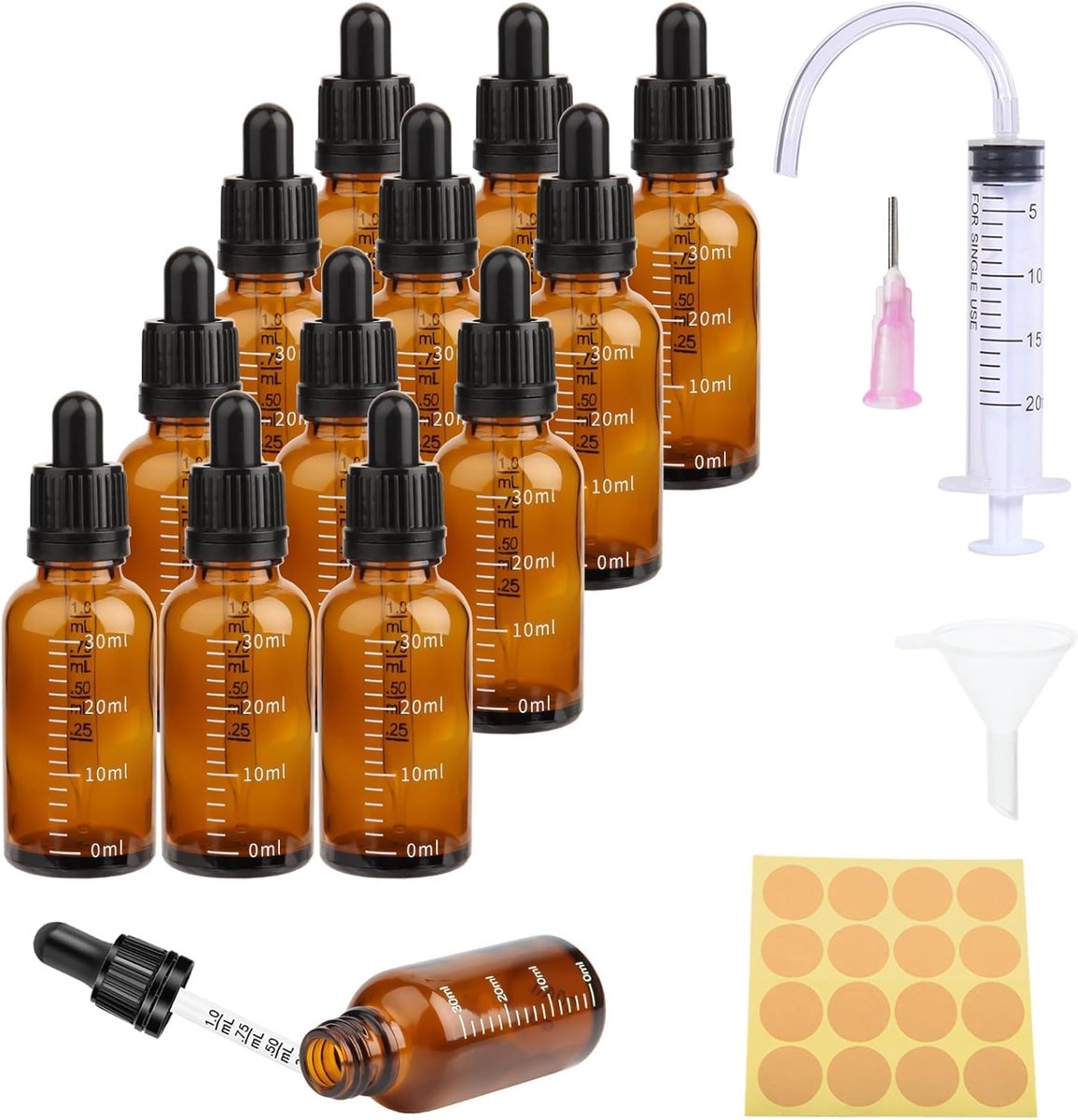 Druppelflessen met schaalverdeling - 30 ml - 5 gereedschappen voor etherische oliën, geuren, aromatherapie, mondstukken, vloeistoffen