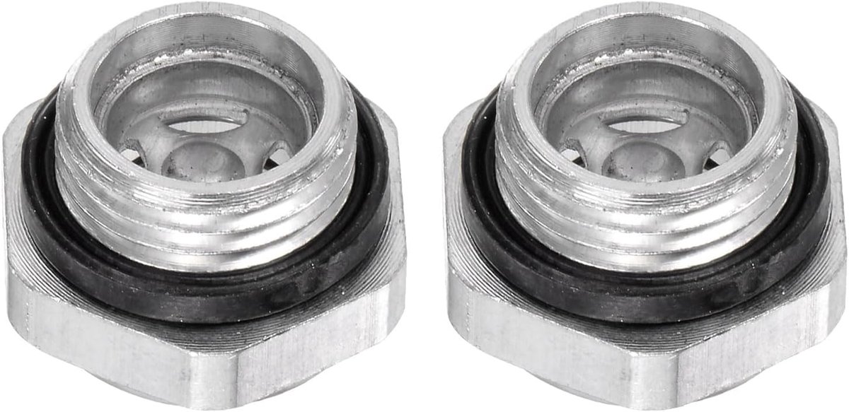 2 stuks glazen oliecontrolelamp, luchtcompressor, 16 x 1,5 mm buitendraad, vloeistofindicator, aluminium, zeskantige kop, raam met O-ring voor transmissieboxen, zilver