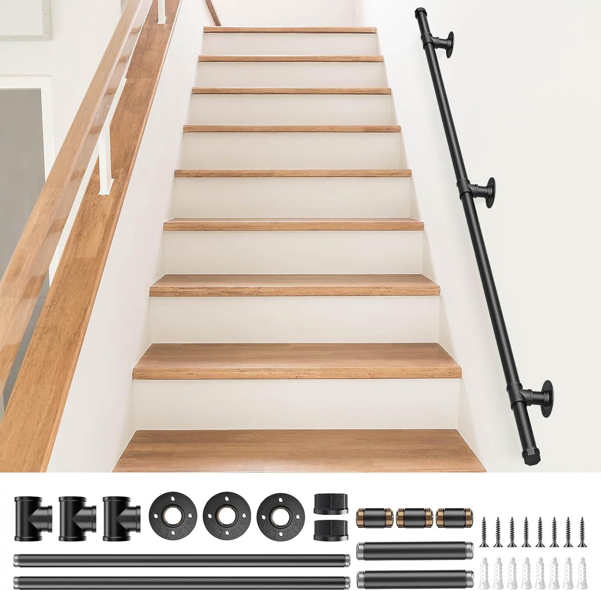 Leuningen voor trappen, 1,5 m Couleeur metalen reling wandgemonteerde handrails met fitting voor indoor trapleuning, veiligheid handrail antislip industriële smeedijzeren pijp, slijtvast