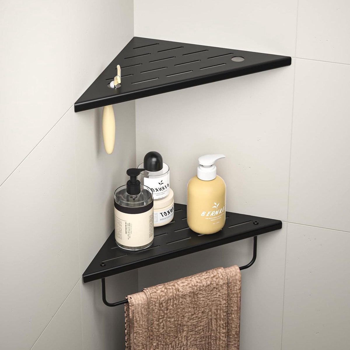 roestvrij staal 304, 25,4 cm hoekrek douche met handdoekstang, doucheplank hoek voor badkamerrenovatie, hoekplank douche voor betegelde muren, zwart
