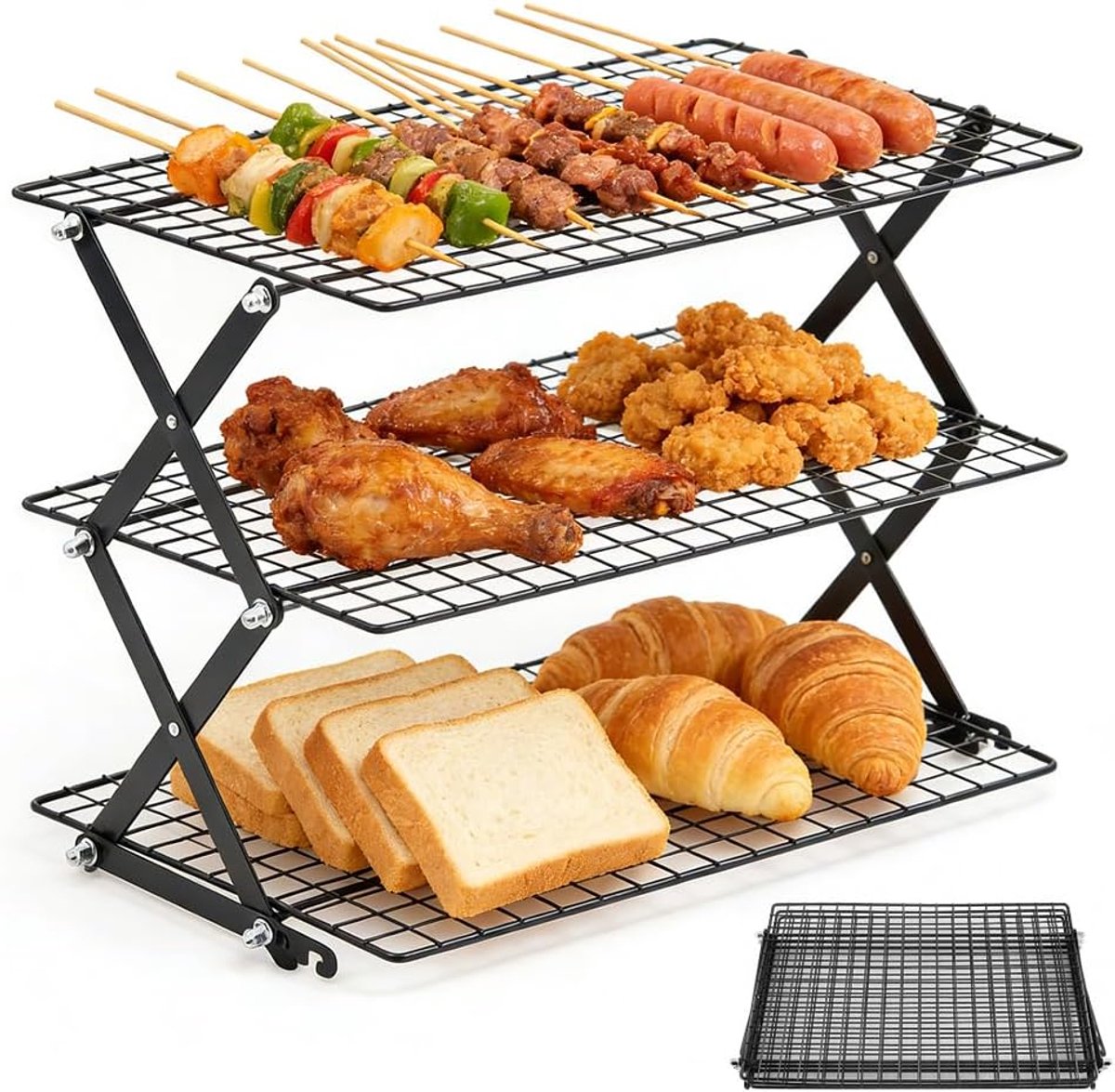 Opvouwbaar koelrooster om te bakken, 3 verdiepingen, roestvrij staal, taartrooster, afkoelroosterset, compatibel met bakvormen, ovenplaat, stapelbaar en ruimtebesparend voor koekjes, cake