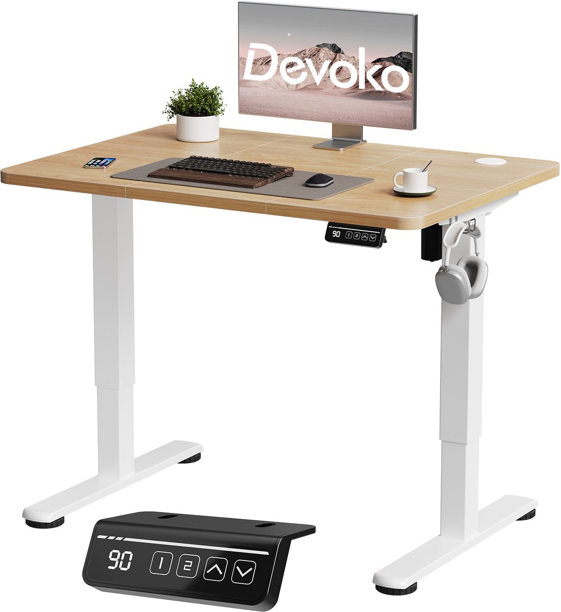 Devoko Elektrisch Verstelbaar Bureau 100x60 cm – Stille Motor met Geheugenfunctie – 4 Knoppen Handbediening – Compact Bureau – Beige