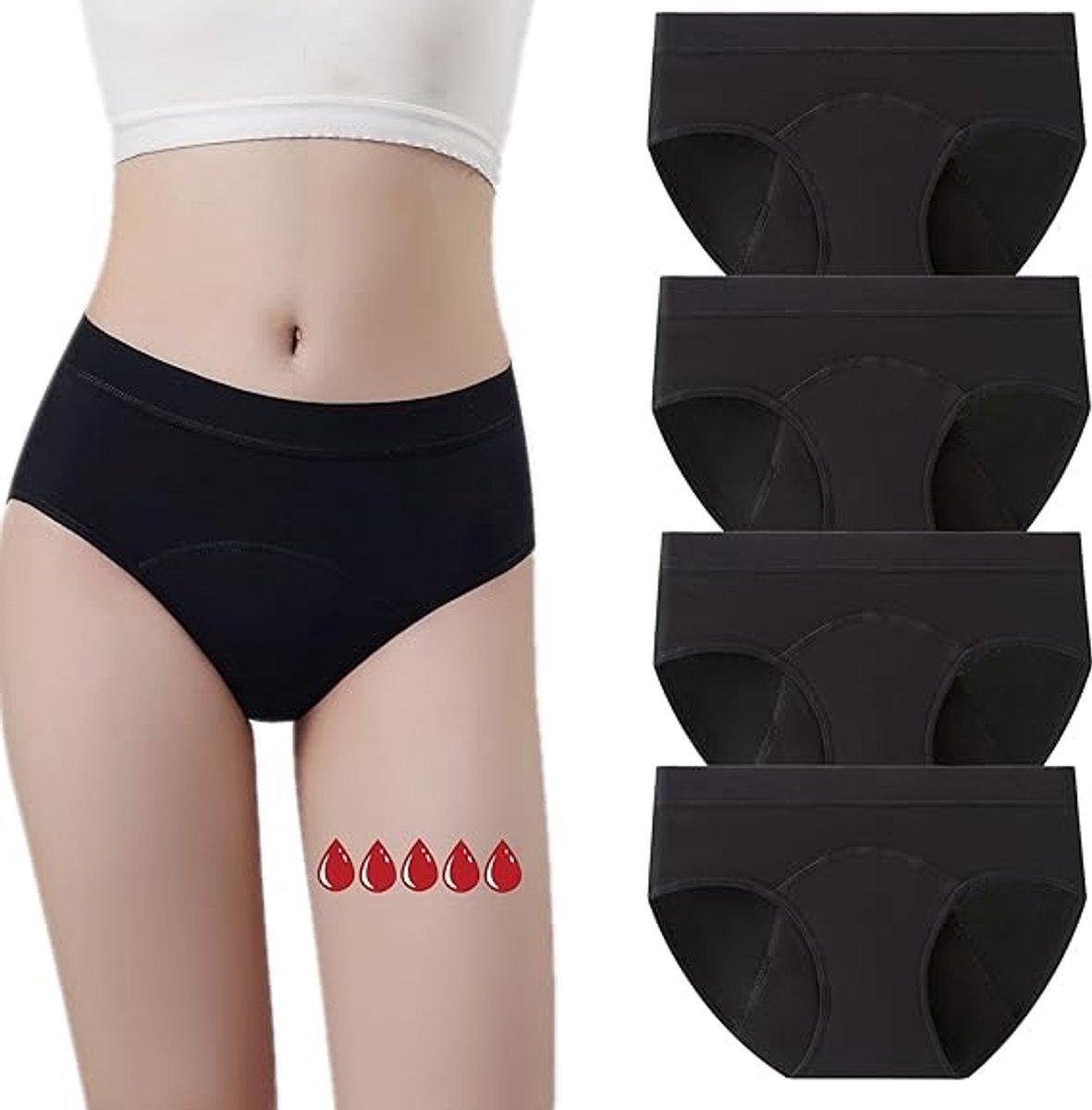 Set van 5 dames menstruatieondergoed, 3-laags absorberend, geschikt voor hoge doorstroming, ultrazachte boxershorts/triangle slips, speciaal ontworpen voor meisjes tijdens de menstruatie, ademend en lekvrij,Zwart - 2XL