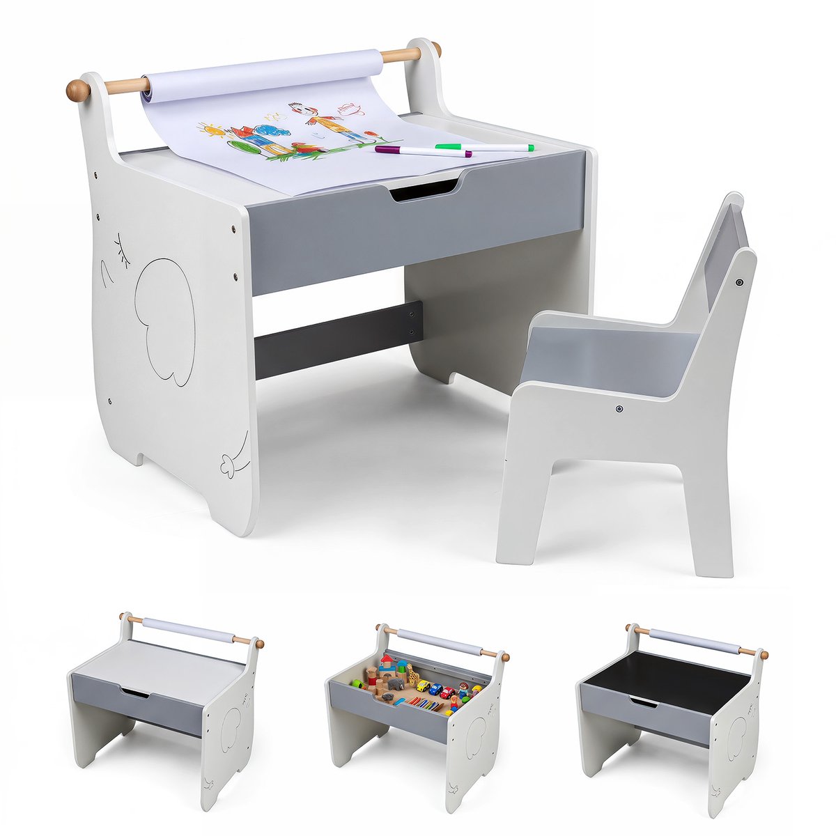 COSTWAY Kindertafel met stoel, 3-in-1 kinderzitgroep van hout met omkeerbaar en afneembaar tafelblad, schildertafel voor kinderen met opbergruimte en papierrolhouder, zitgroep voor kinderen vanaf 3