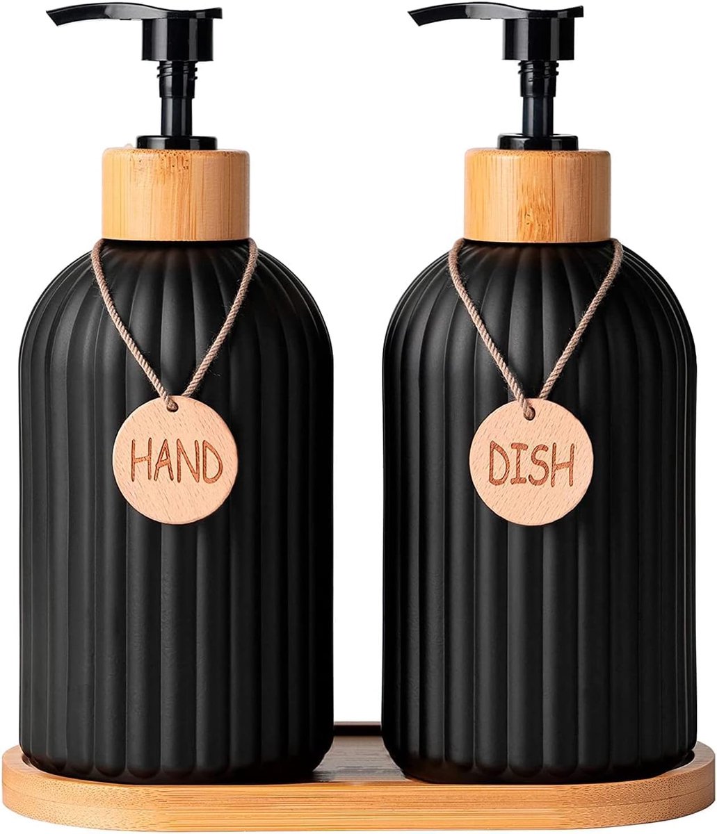glas, zwart, 2 x 430 ml, afwasmiddeldispenser en handzeepdispenser met bamboepomp en dienblad, navulbare zeepdispenser voor keuken en badkamerdecoratie, inclusief houten hanger