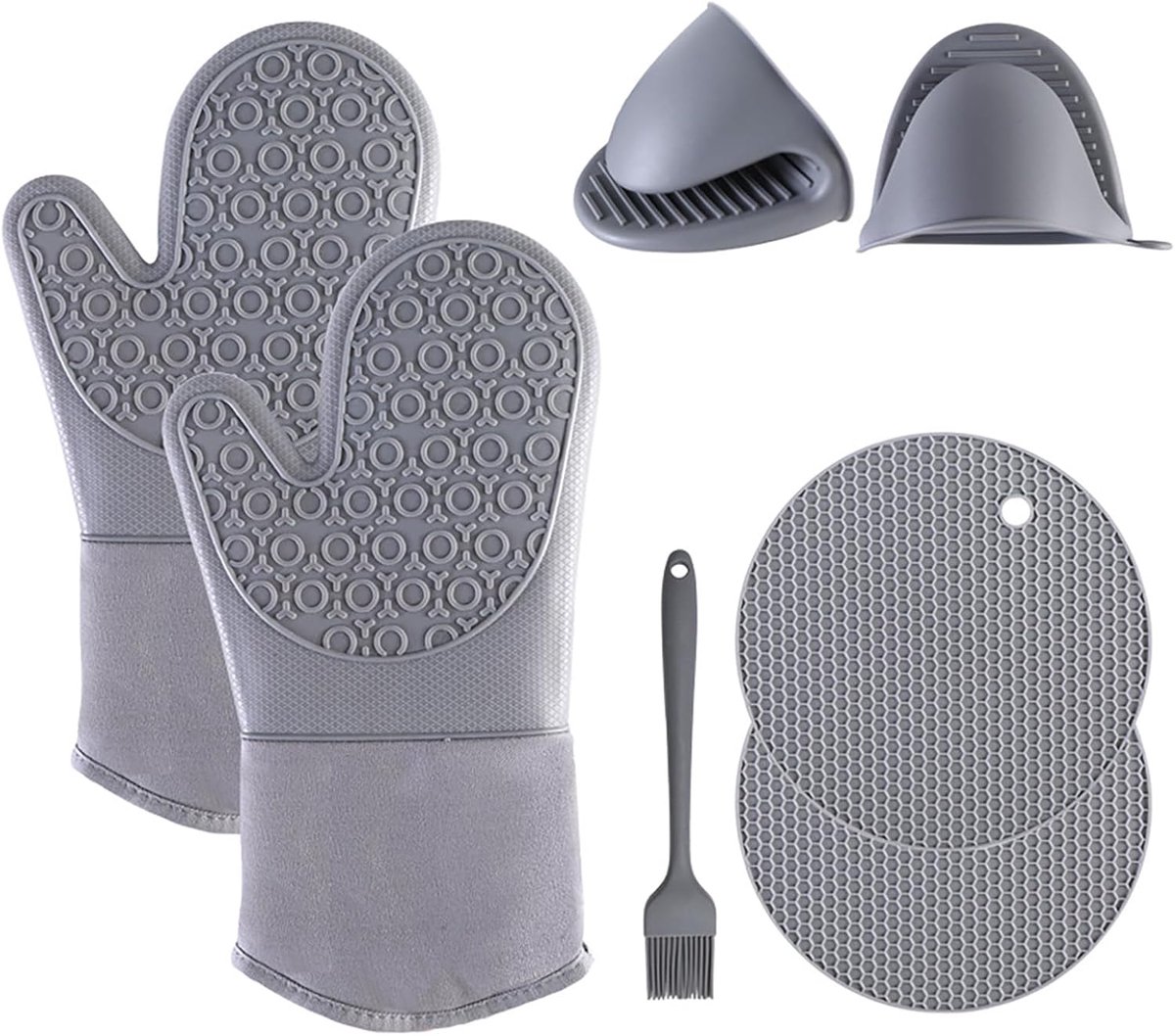 Ovenwanten, pannenhandschoenen, siliconen, set van 6, hittebestendige en antislip bakhandschoenen tot 300 °C, veelzijdige ovenhandschoenen voor koken, bakken, grillen en keuken (grijs)