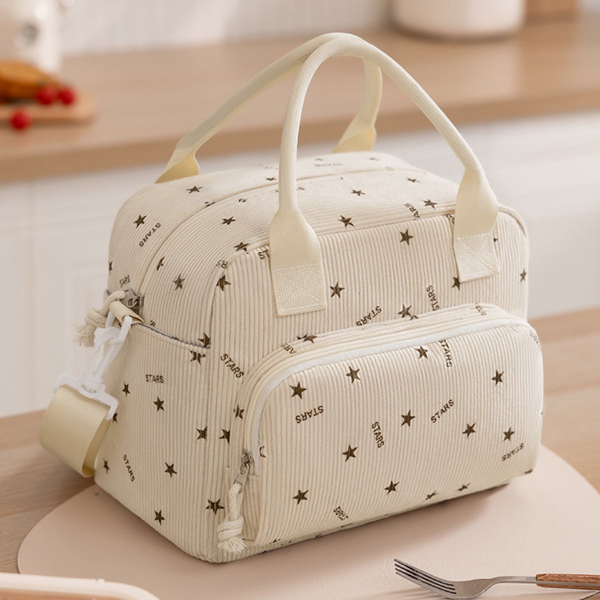 Geïsoleerde lunchtas in Japanse stijl – een prachtige geïsoleerde lunchtas, een lunchtas met aluminiumfolie, een geïsoleerde lunchbox, geschikt voor werk, school, picknicks en andere gelegenheden,Vierkante beige sterren