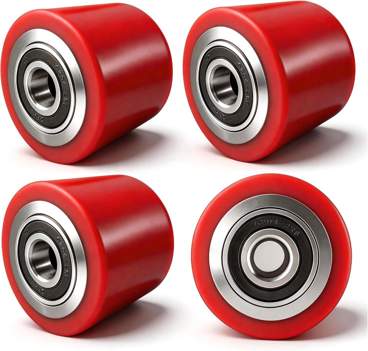 4 stuks hefwagenwielen, polyurethaan, 80 x 70 mm, as 20 mm, hefwagenwielen met kogellagers, belasting 750 kg, hefwagen, wielen, industriële reserveonderdelen voor hefwagen, transportwagen