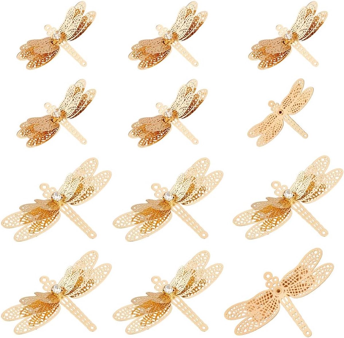 12 stuks 2 stijlen libelle zonnevanger hangend, filigraan messing hanger met kristal strass raamhanger voor ramen, tuindecoratie voor bruiloft, lichtgoud