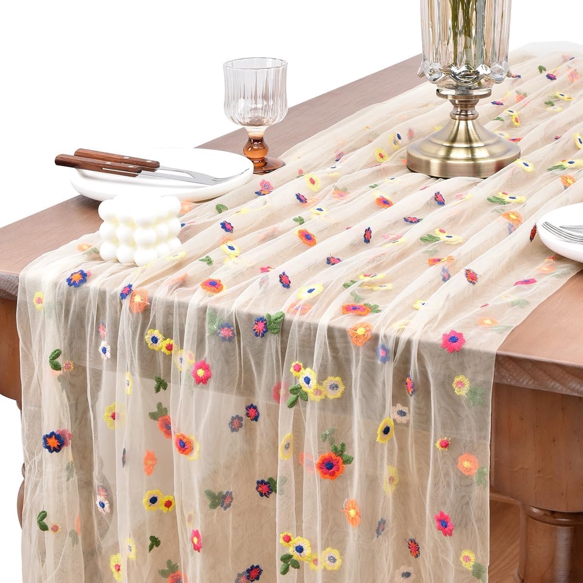 Tafelloper met geborduurde madeliefjes, 72 x 300 cm, tafelloper van tule, lente-tafelloper voor feestjes, bruiloften, banketten, doe-het-zelf (champagne)