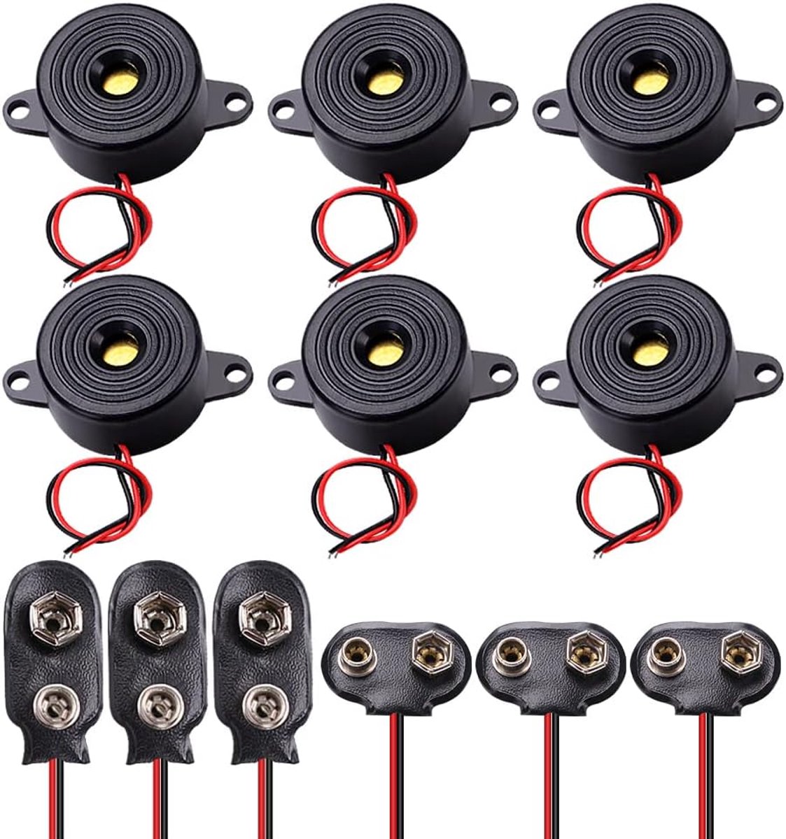 6 STUKS DC 3-24V Piëzo Elektronische Zoemer, 12V Elektronische Zoemer Alarmsirene + 9V Batterij Snap-Connector (3 Stuks T Type en 3 Stuks I Type)