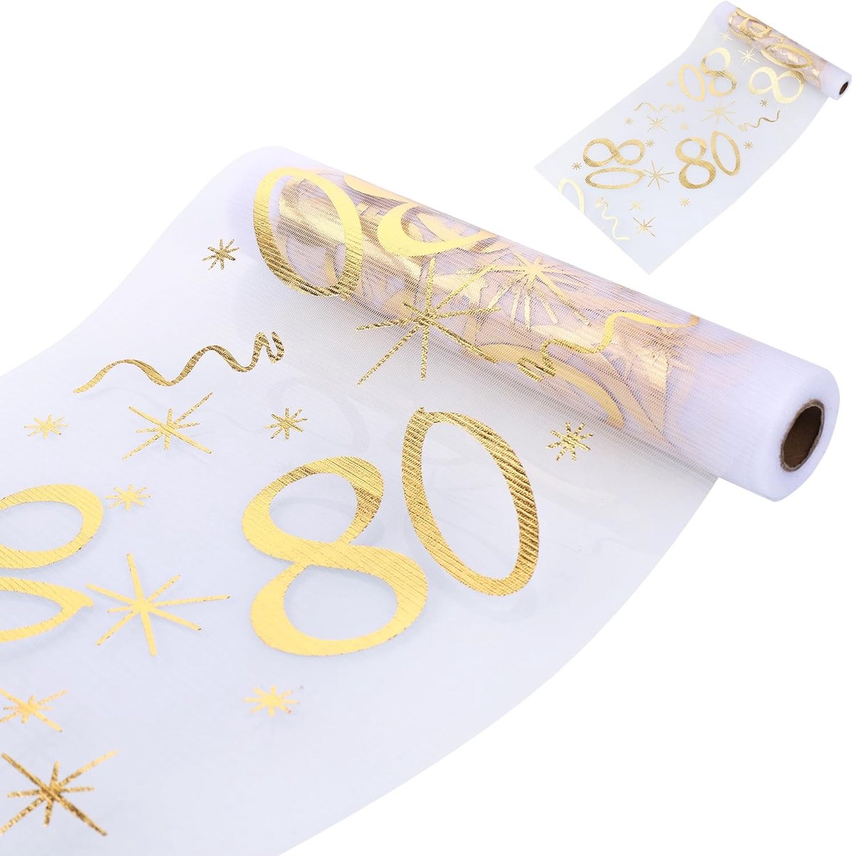 Tafelloper voor 80e verjaardag, 28 cm x 10 m, goudkleurige transparante mesh-tafeldecoraties, 80 jaar oude feesttafeldecoratie, ademende en zachte tafelkleed voor bloemenverpakking