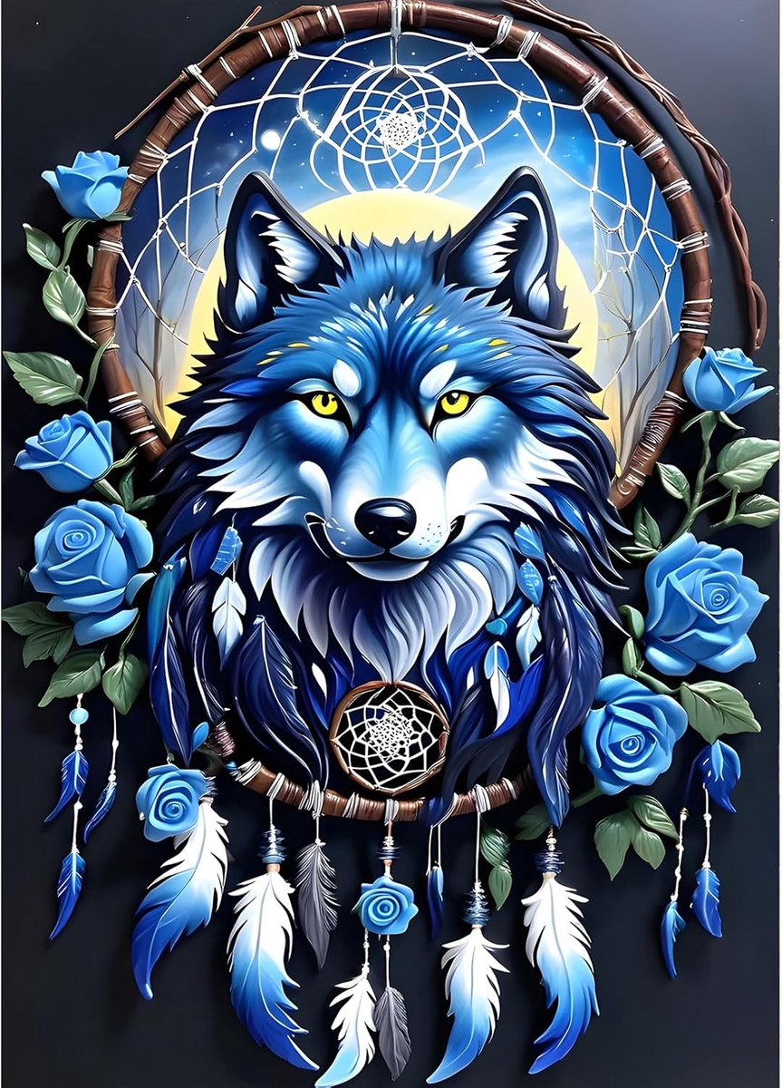 DIY 5D Wolf Diamond Art Kits, ronde Full Drill Sparkling Dreamcatcher Diamond Painting Picture, Blue Roses Diamond Painting Art Kits Craft voor volwassenen Beginners, Home Wall Decor 30,5 x