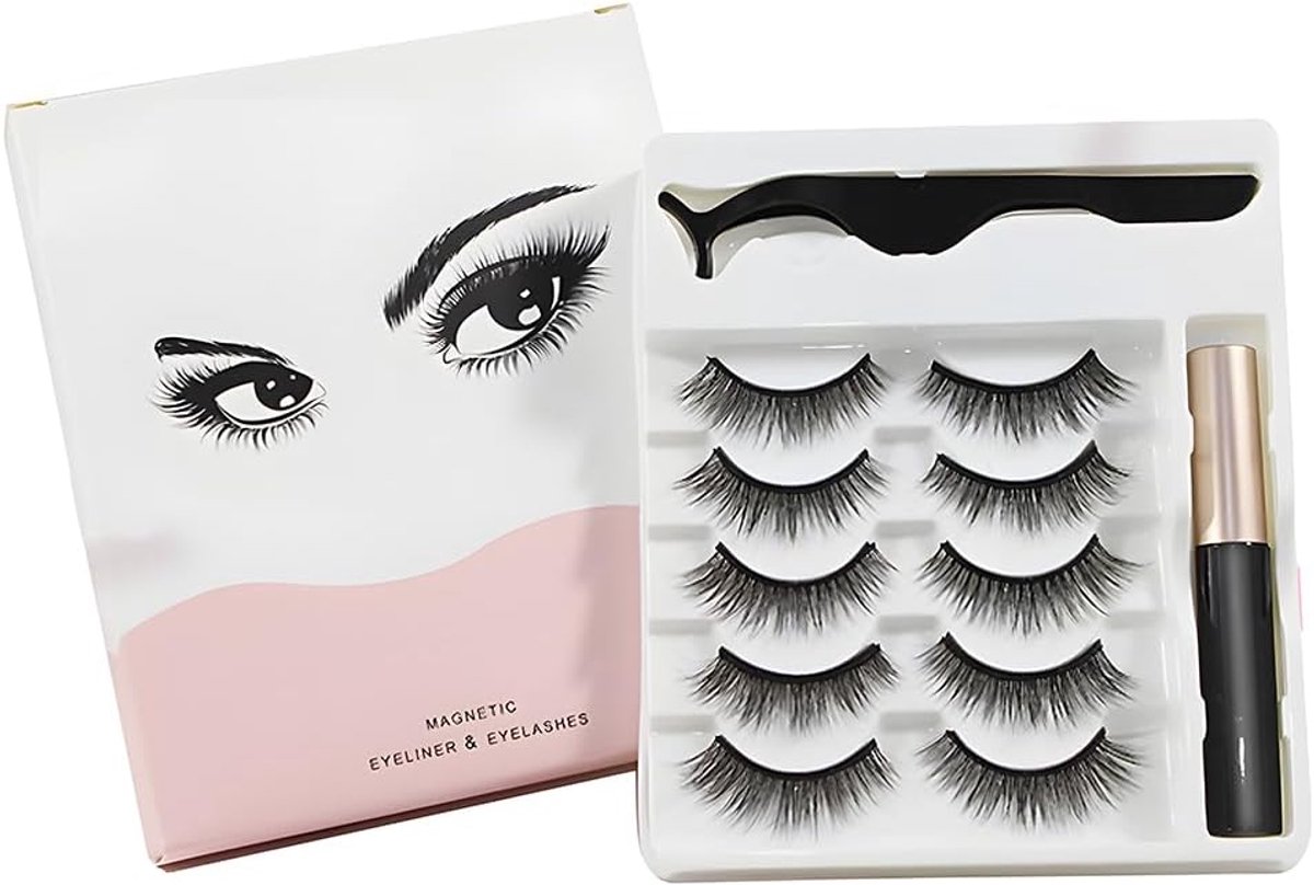 Wimpers Met Eyeliner - 5 Paar Kunstwimpers, Waterbestendig, 3D Magnetische Wimperset, Zachte Valse Wimpers