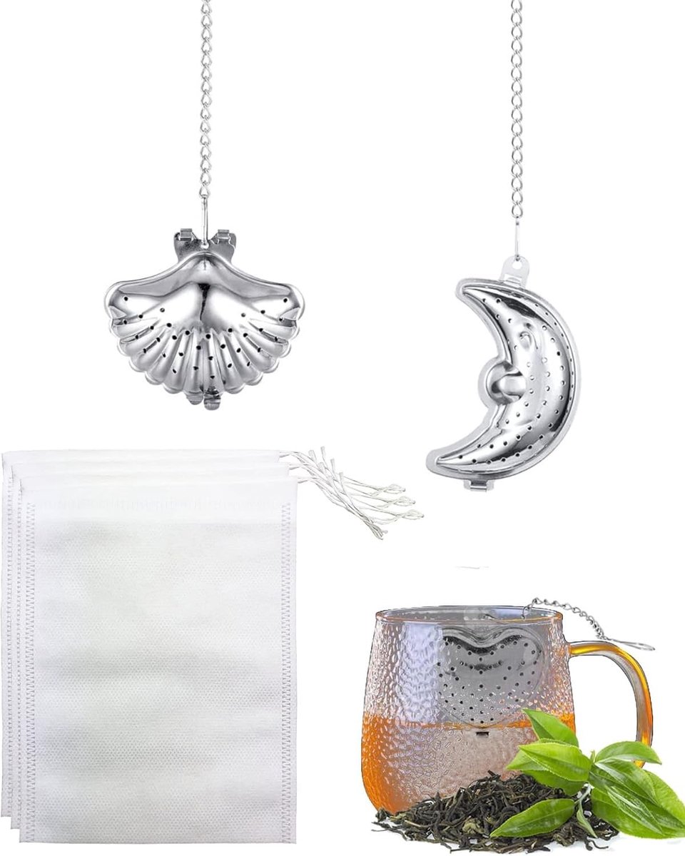 Theezeef, 2 theezeefjes voor losse thee, wordt geleverd met 50 netzakken, theezeef van roestvrij staal met verlengde ketting, filter voor losse thee, leuk cadeau voor theeliefhebbers