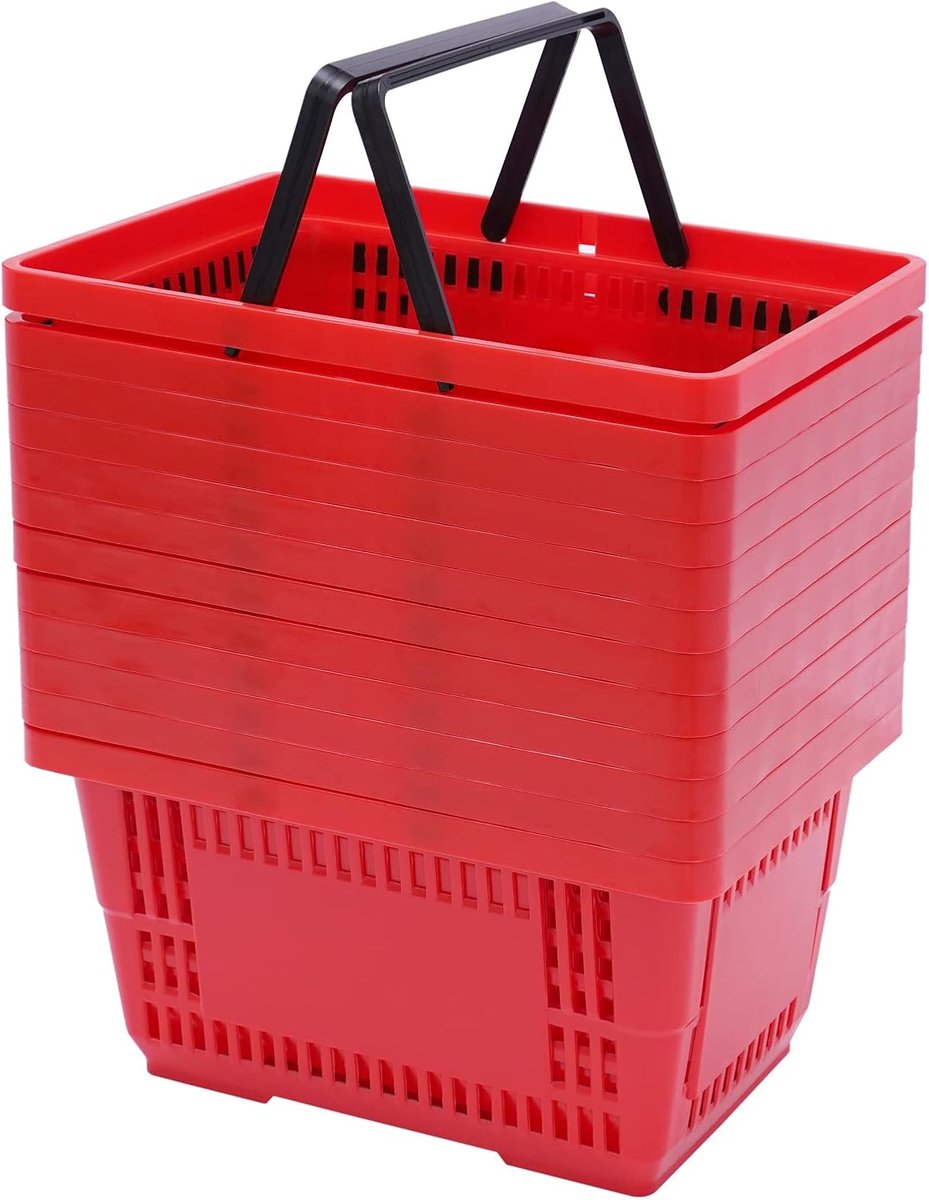 Boodschappenmanden van kunststof, 18 liter, stapelbaar, voor supermarkt, rood | 2 draagbeugels kunststof mand stapelbaar; het open roosterontwerp ondersteunt zicht, ventilatie en waterafvoer