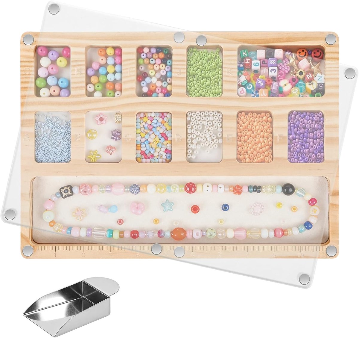 Sorteerblad met houten kralen met magnetisch acryl deksel, 12 vakken, fluwelen gevoerd sieradendesign-dienblad met liniaal, kralenplanken voor het maken van kettingen, armbanden en