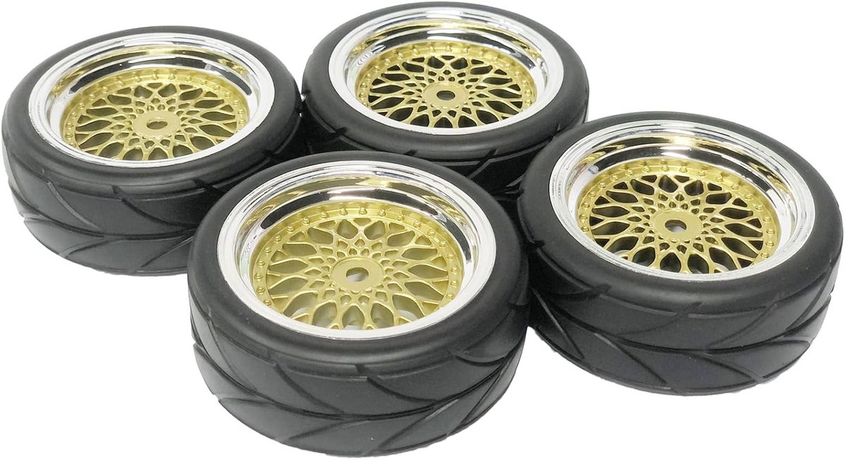 RC Auto 64 mm rubberen banden en 52 mm/2,05 inch kunststof velgen wielen voor 1/10 RC On Road Touring Racing Drift Car (inpersdiepte 3 mm, goud)
