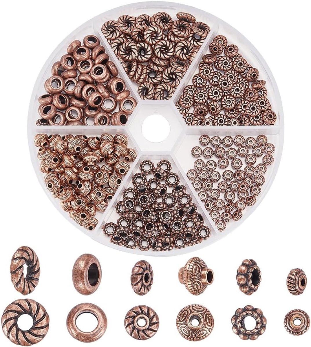 Kralen in 6 stijlen, losse metalen kralen, vintage bedelkralen van rood koper, legering, bloemenkralen, losse spacerkralen