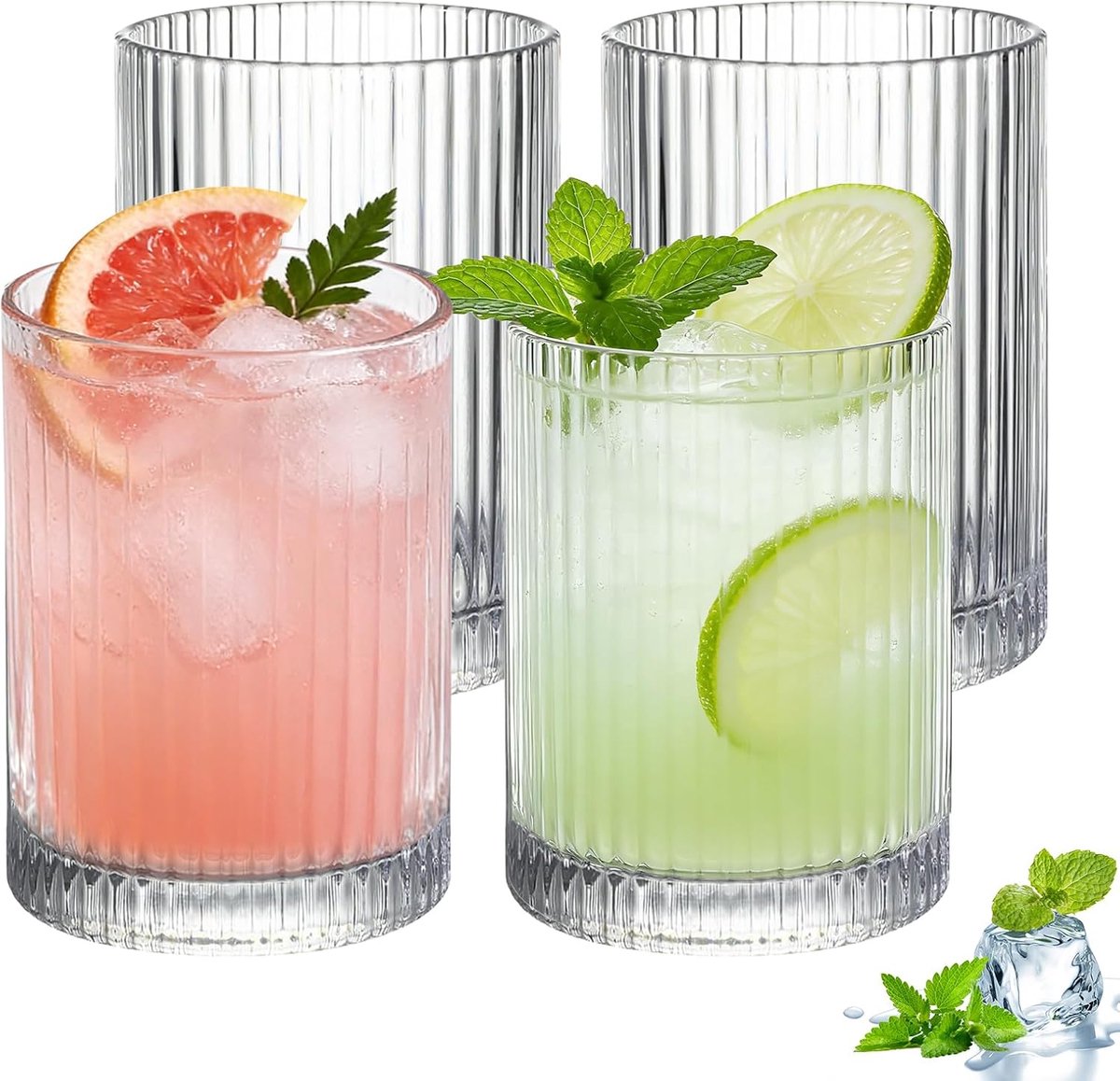 Longdrinkglazen, set van 4 geribbelde glazen, geribbelde drinkglazen, voor ijskoffie, bier, water, sap, mojito, voor camping, party, vaatwasmachinebestendig