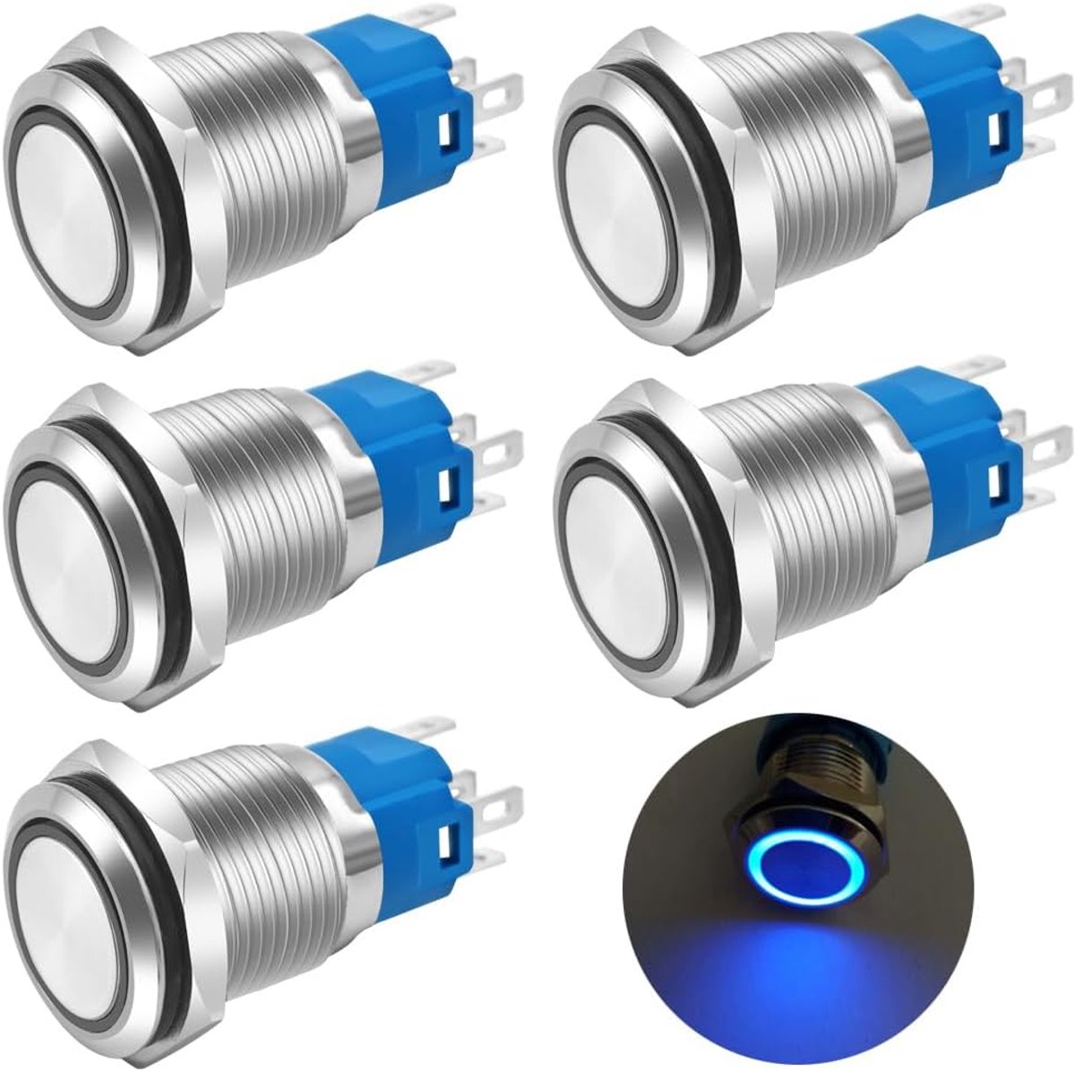 5 Stuks 16mm Blauwe Metalen Drukknopschakelaar met LED, Waterdicht, 12-24V/5 Amp, 1NO 1NC, Aan/Uit voor Montagegat van 5/8 inch