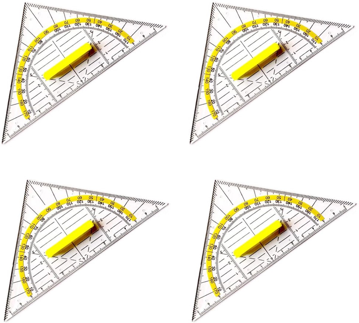 set van 4 stuks, geel, geometriehoek met handvat, kunststof, flexibel, geodriehoek, school, gradenboog, tekendriehoek voor studenten, kantoor, ontwerper, schilderen, grote en