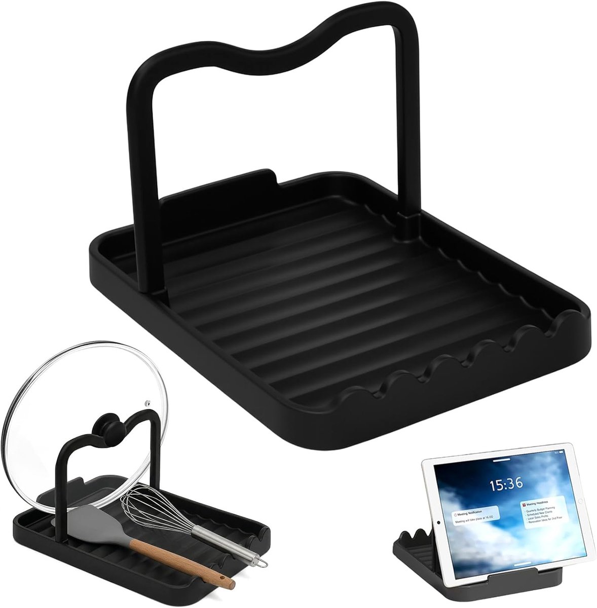 Pannendekselhouder met lepelhouder, zwart, aluminium, keukengerei, plank voor pannendeksel, kooklepel, vaatwasmachinebestendig, keukenrek, zonder boren, pannendekselhouder