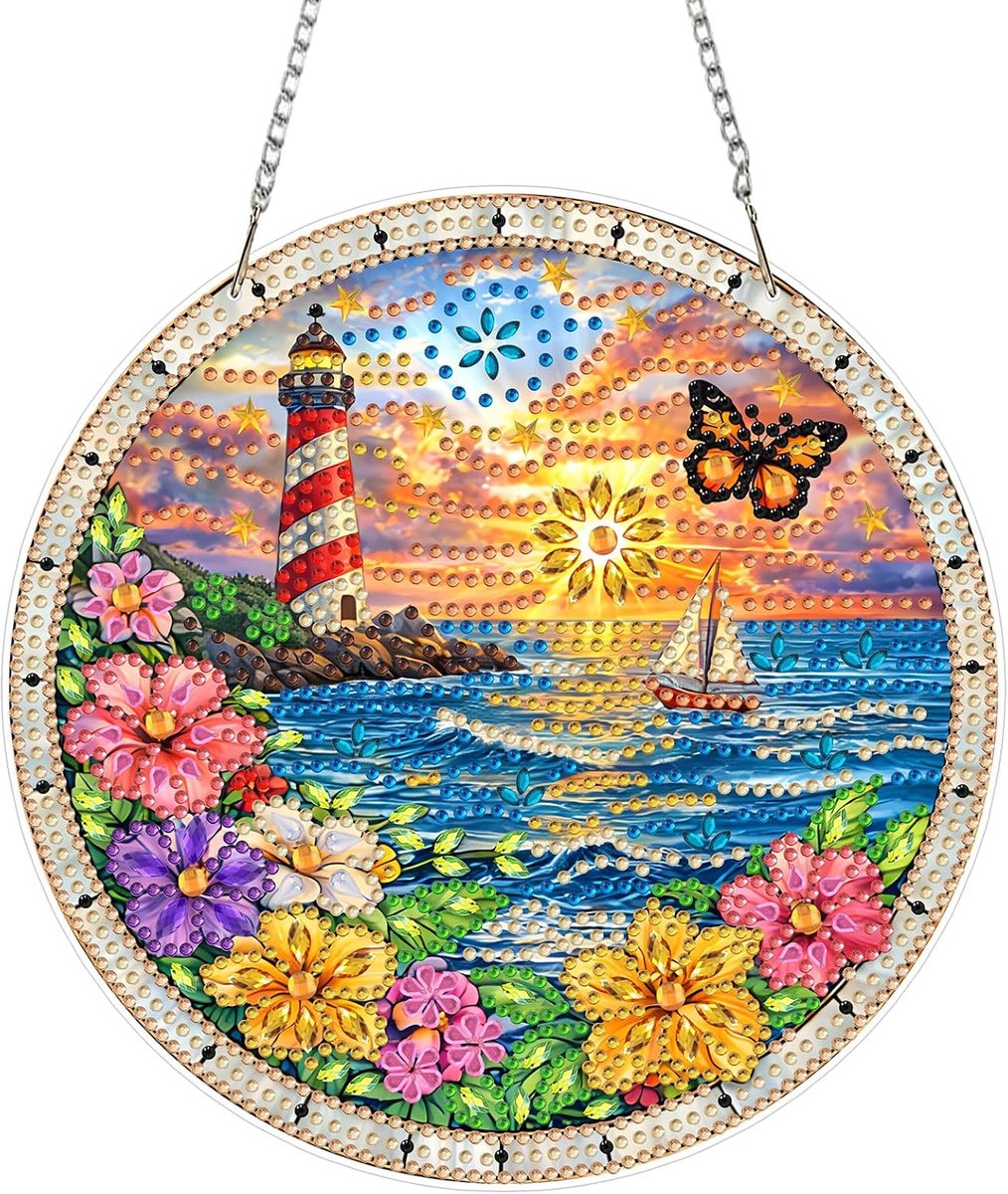 Kustscène Diamantschilderij Hanger, 5D Bloemen Ornament Kit, DIY Kristal Strass Acryl Sierhanger voor Raam, Muur, Deur en Tuin Decoratie