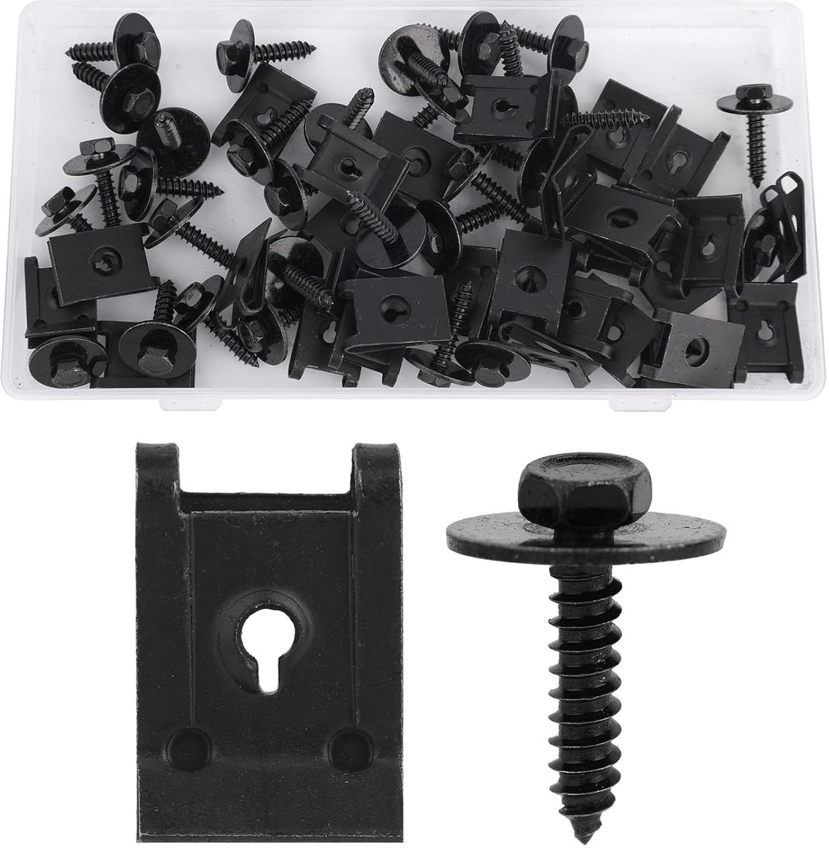 60st M4.2 Universele Spatbordbekledingsschroeven en U-Moeren Set, Inclusief 30 Spatbordschroeven en 30 Carrosserieschroefclips voor Meeste Auto Vrachtwagens SUV(Zwart)