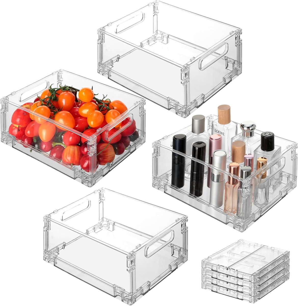 Koelkastorganizer, transparant, stapelbaar, BPA-vrij, organizer, voor keuken, badkamer, levensmiddelen, cosmetica en kantoorartikelen, 4 stuks