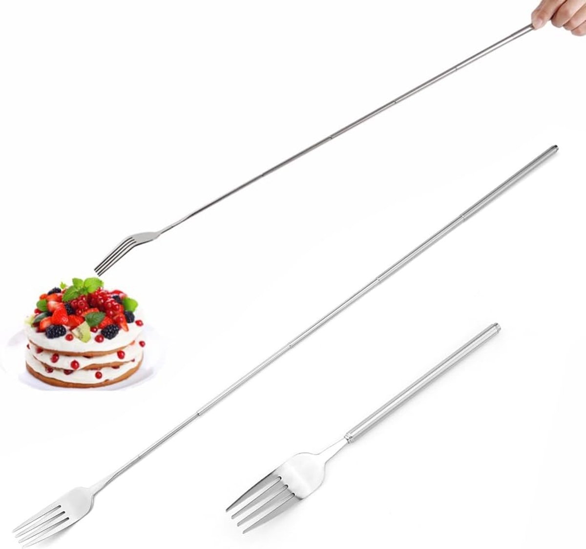 Barbecue Forks Grillvork van roestvrij staal, uittrekbaar, tweedelig, lange vork, 23-60,5 cm, draagbaar, geschikt voor grillen, koken en fruit
