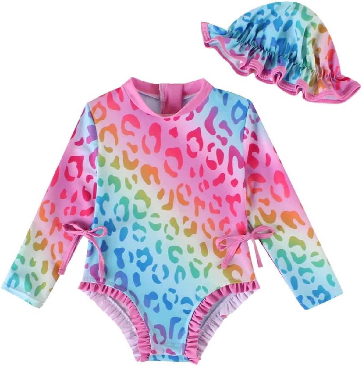 Badpak met lange mouwen voor pasgeborenen en meisjes, eendelig badpak voor baby's en meisjes met muts, ritssluiting en drukknopen, 3-24 maanden