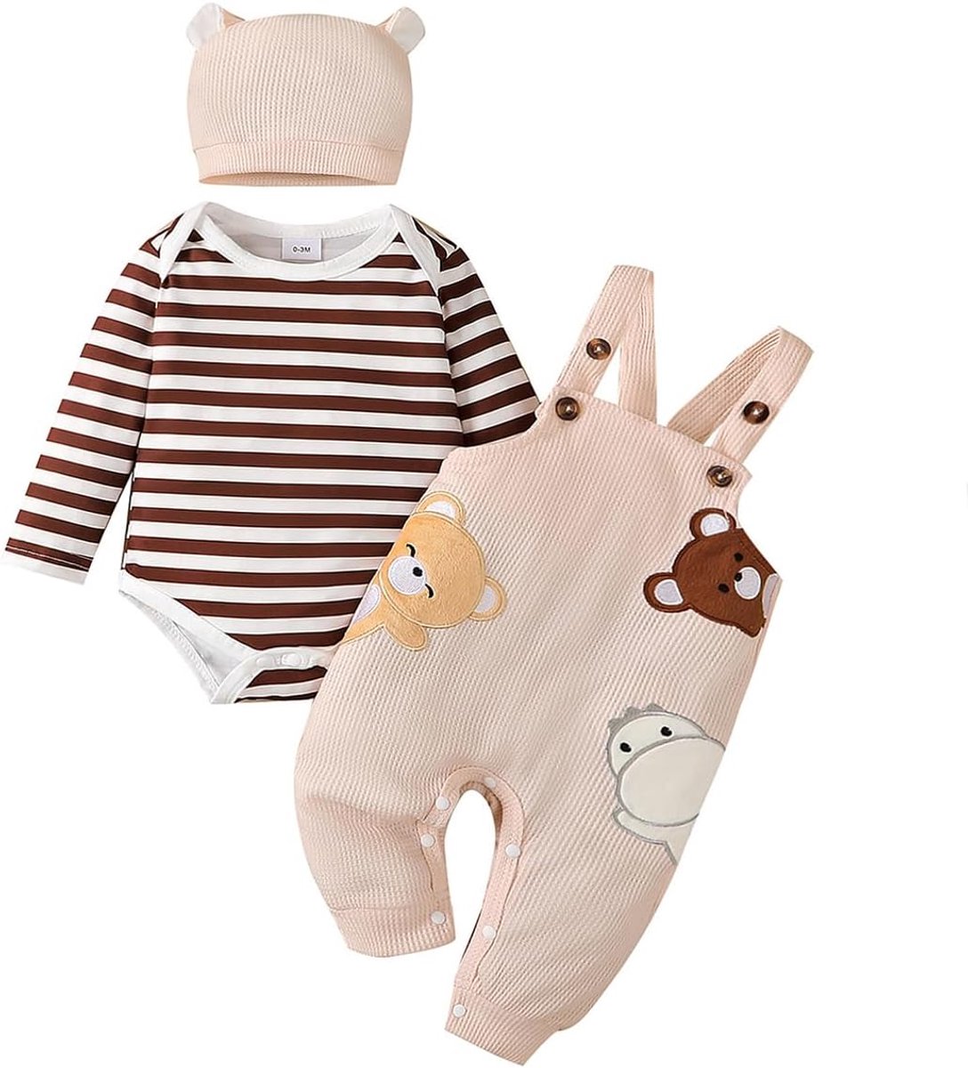 Babykleding voor jongens, lange mouwen, gestreepte romper + schattige bretels, overall met cartoon-dieren + muts voor jongens, 3 stuks, herfstoutfit, 0-18 maanden