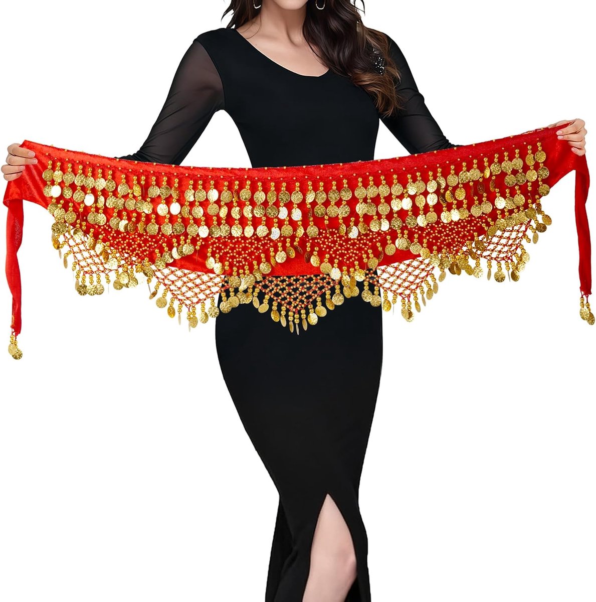 Buikdanskostuum voor dames, heupdoek, riem met munten, buikdanskostuum, rood, One size