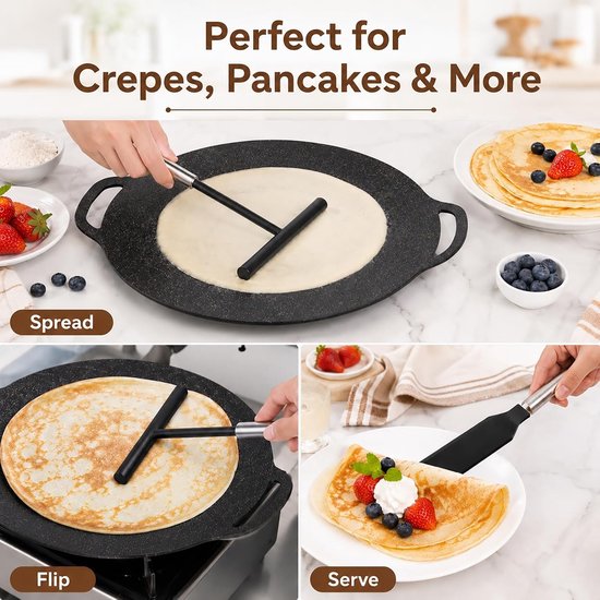 2 stuks pannenkoekenverdeler en spatel voor crêpes, pannenkoekenspatel met lange handgreep, pannenkoeken- en pannenkoekenspatel, roestvrij staal en siliconen — afbeelding 4