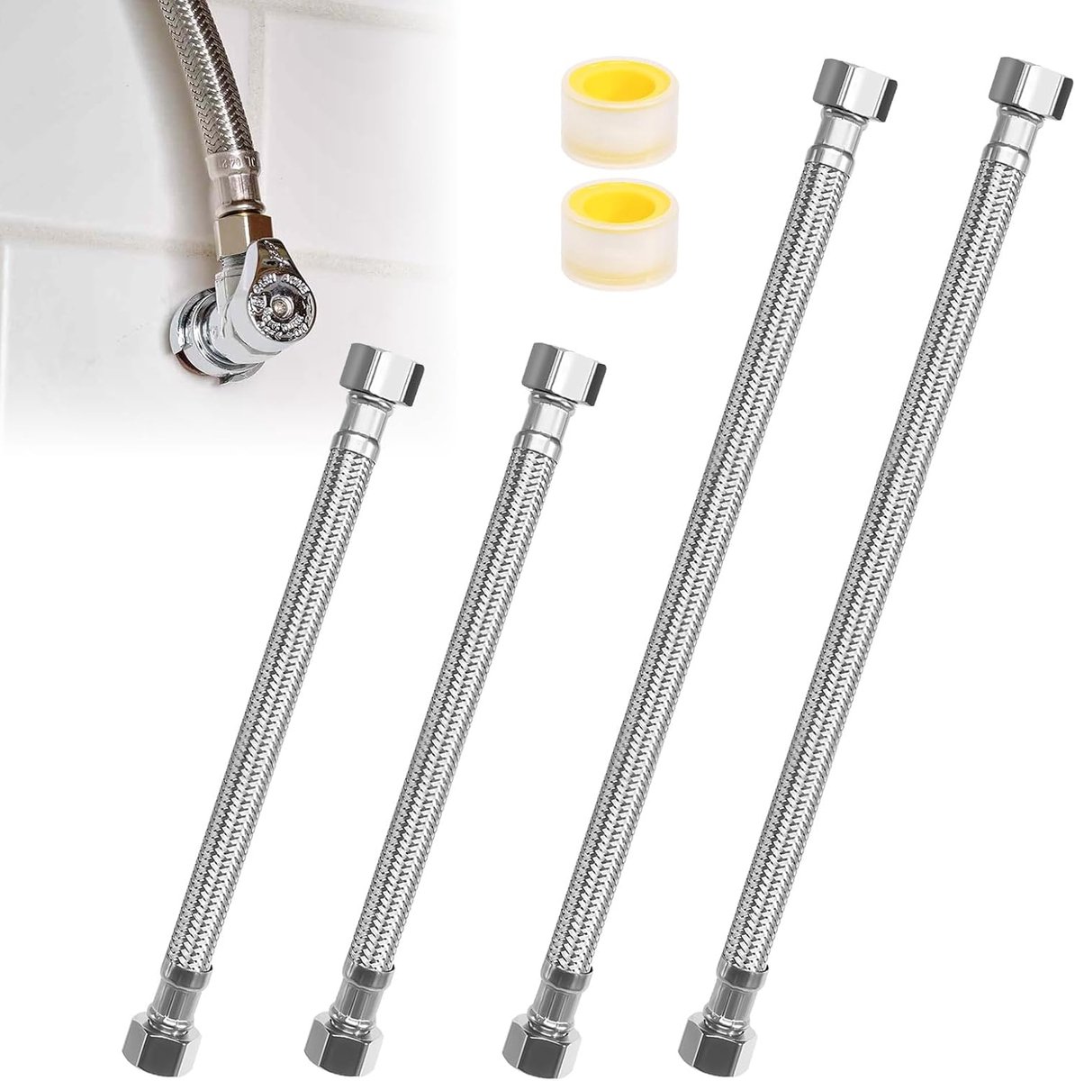 slang 3/8, 4 stuks, pantserslang 3/8 inch binnendraad, wateraansluiting, verlenging, 30 cm/20 cm, flexibele slang voor kraan, badkamer, toilet
