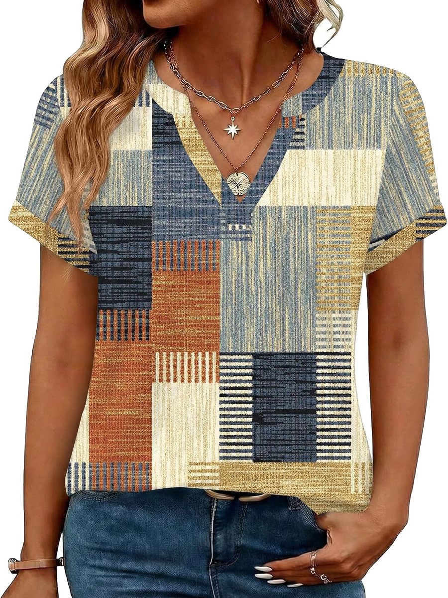 Damesblouse met korte mouwen, V-hals, elegante tuniek, zomer, bovenstuk, casual, los T-shirt, vrije tijd, tops