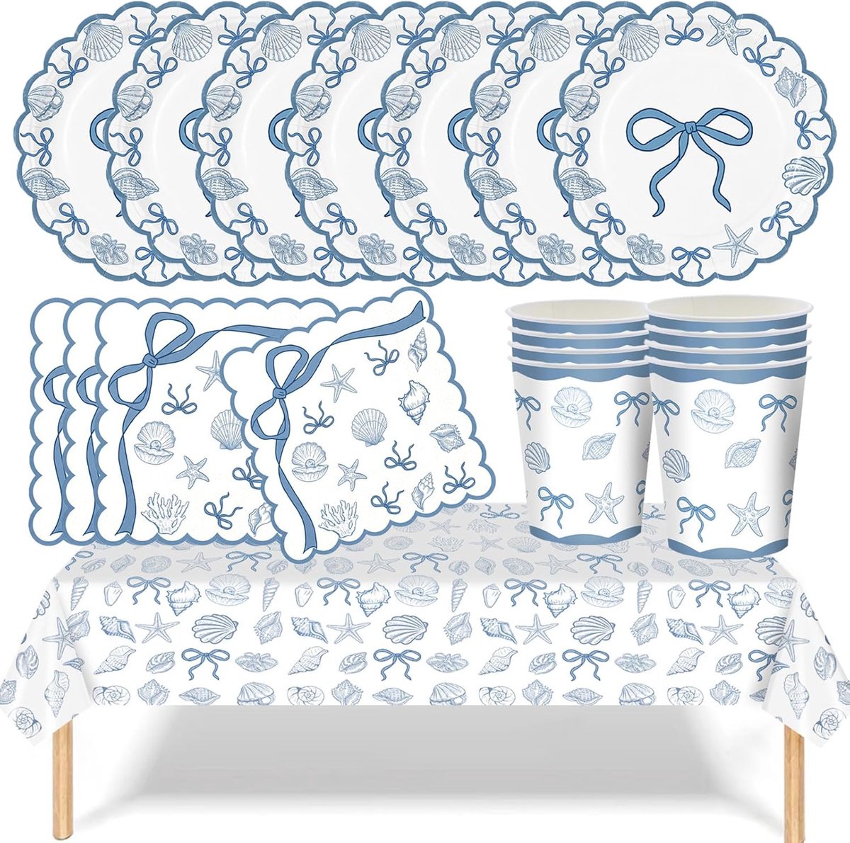 53P Blauwe Boog Servies Set, Papier Servies Pack voor Hen Do Party | Inclusief borden, kopjes, servetten en herbruikbaar tafelkleed voor 16 gasten, verjaardag, tuinfeest en feestdecoratie