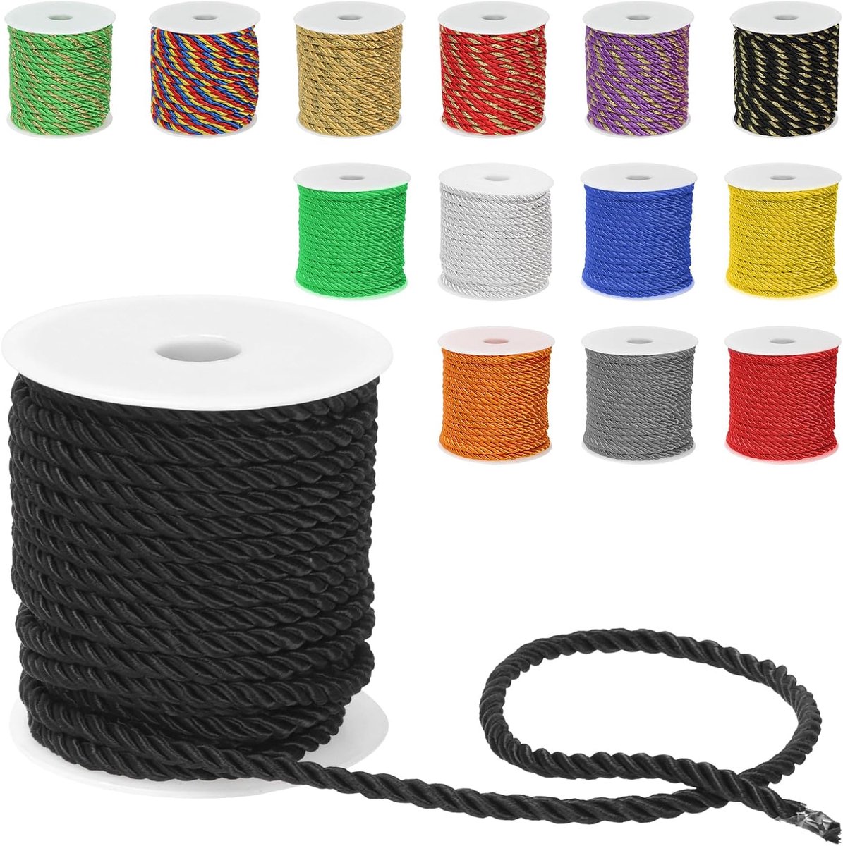 1 Stks 5 mm x 18 m 3-laags gedraaid koord, gedraaid zijden touw koord polyester gevlochten decoratief touw voor huisdecoratie, doe-het-zelf ambachten, gordijnbinding, zwart